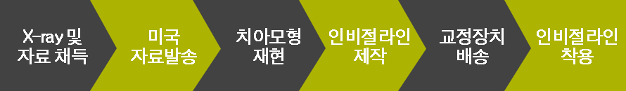 x-ray및 자료채득 > 미국자료발송 > 치아모형 재현 > 인비절라인 제작 > 교정장치 배송 > 인비절라인 착용